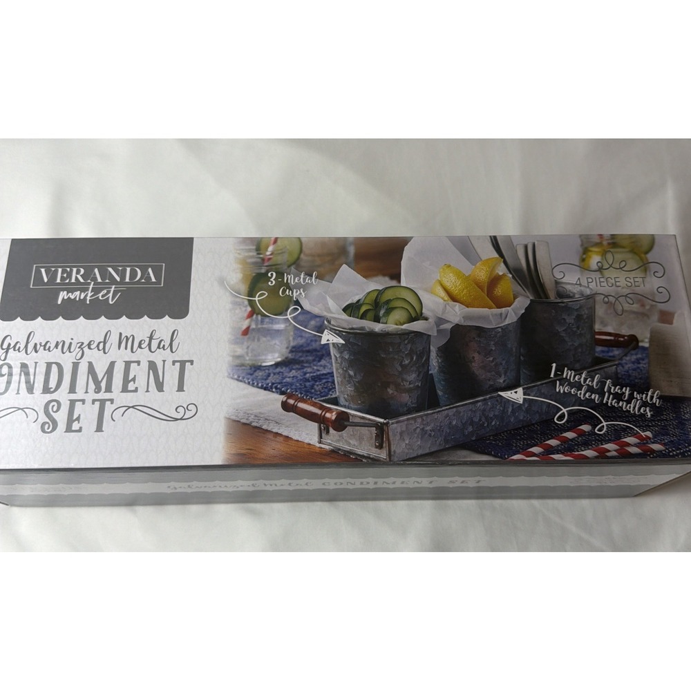 NIB Veranda Galvanized Metal Triple Condiment Serving Set Tray